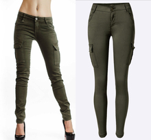 2016 New Styles Mid Waist Elasticity Women Stretch Pencil Jeans Fashion Double Side Pockets Army Green Color Skinny Femme Jeans