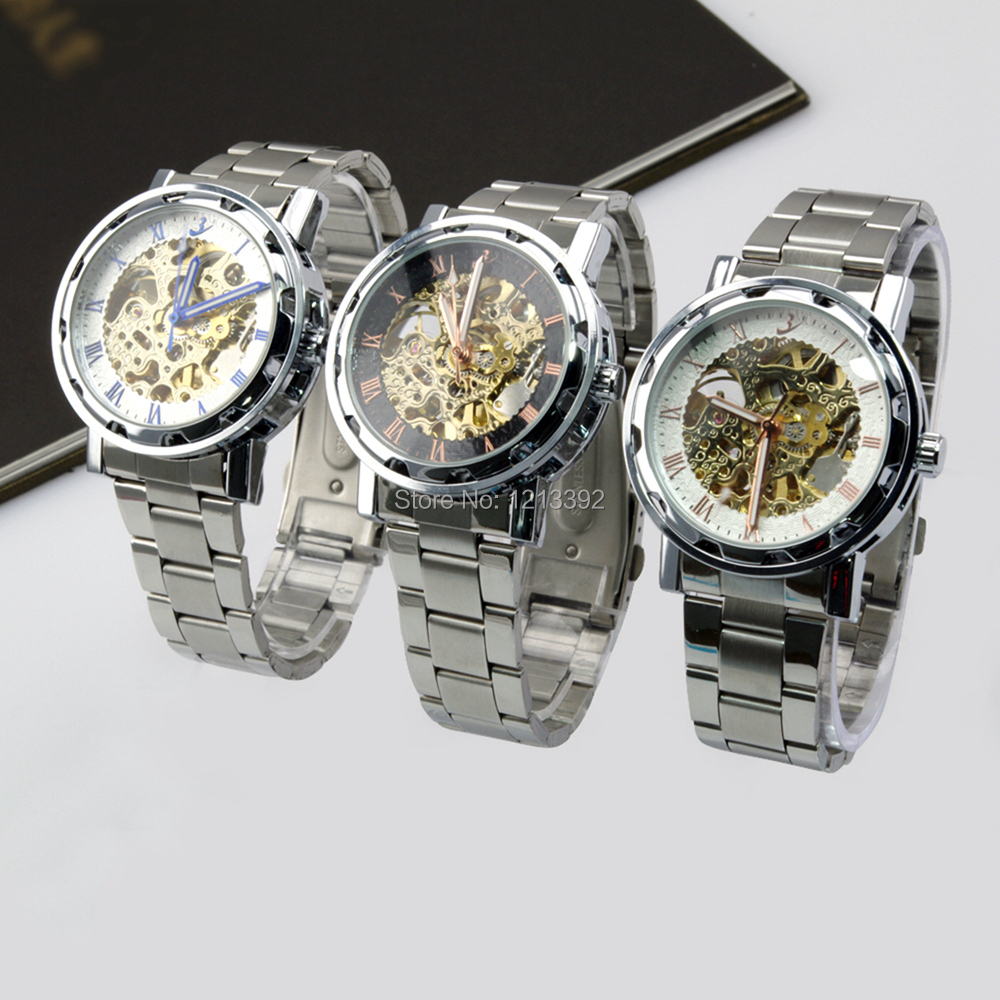 Fashion wristwatches Golden Skeleton Stainless Steel Analog Mens Automatic Mechanical Watches Gift BS88