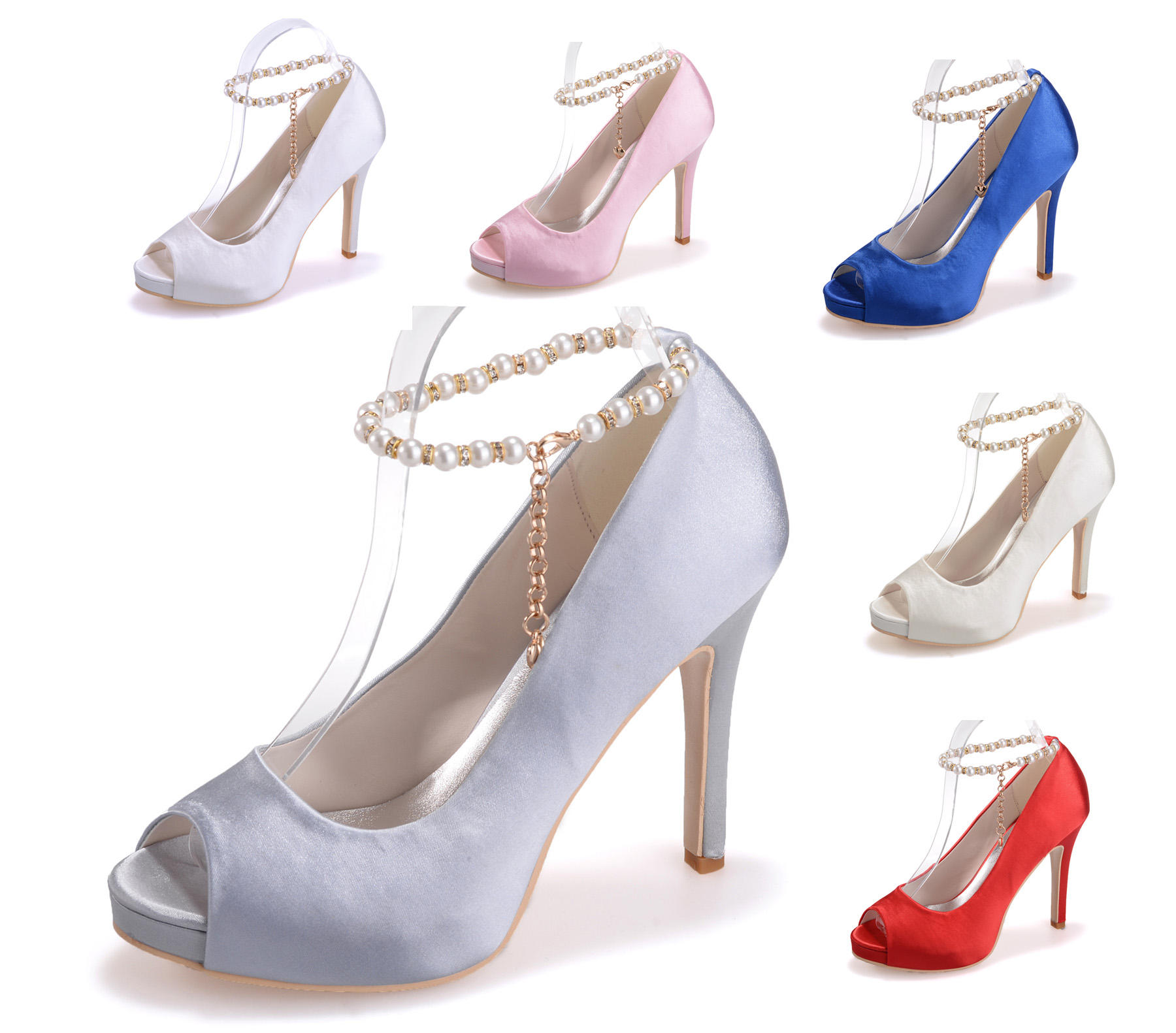 Woman's satin peep toe platform shoes high heel beading ankle strap platform wedding party prom pumps silver red pink blue white