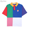 Qlychee Harajuku Summer Women Polo Shirt Contrast Color Loose Short Sleeve lady Top Leisure Female Casual
