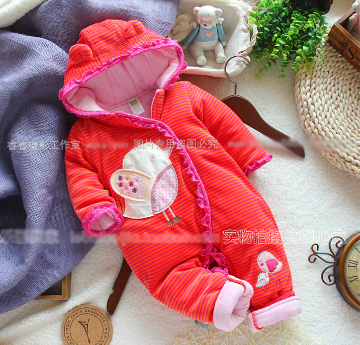 Baby girl rompers winter cotton padded long sleeve red bird clothes for spring autumn girls hooded warm clothing animal costumes