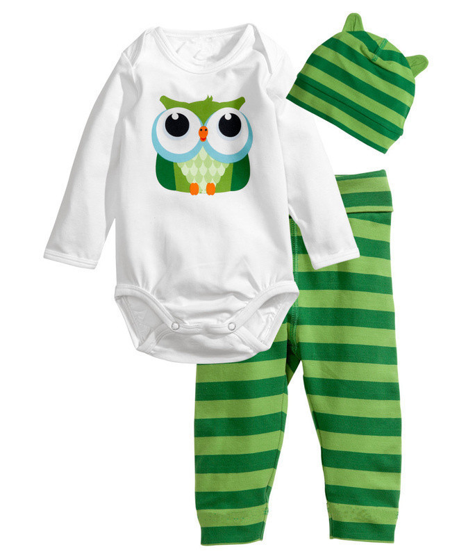 New 2014 cotton children baby boys girls clothes 3 pcs(Long-sleeved Romper+hat+pants)children clothing set