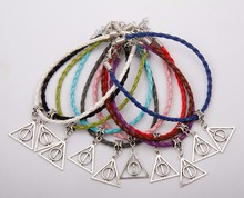 Hot Antique Silver Deathly Hallows Charm Pendant Multi Color 20+5CM Leather Rope Bracelet Jewelry DIY Women&Men Accessories F729