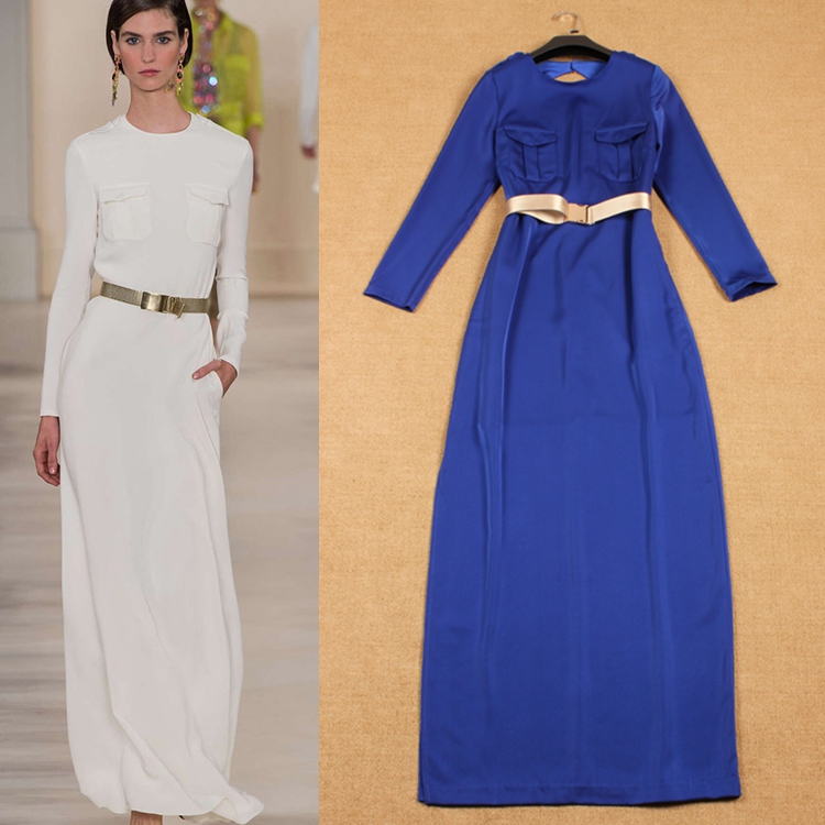 2015 Europan American Fashion Runway Style Ankle-Length Long Sleeve Empire Sexy Backless Straight Blue/ Red Dress With Belt