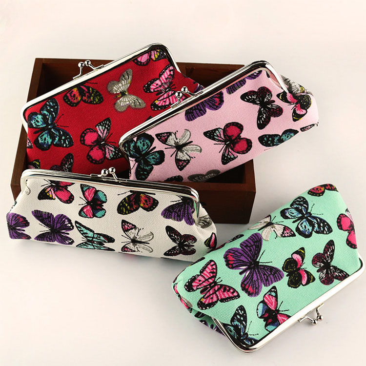Butterfly Printing Canvas Coin Purse Lady Long Large Snap Closure