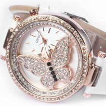 Luxury Rose Gold Bling Crystal Butterfly Ladies Relogio Women Genuine Leather Strap Bracelet Quartz Gift Rhinestone
