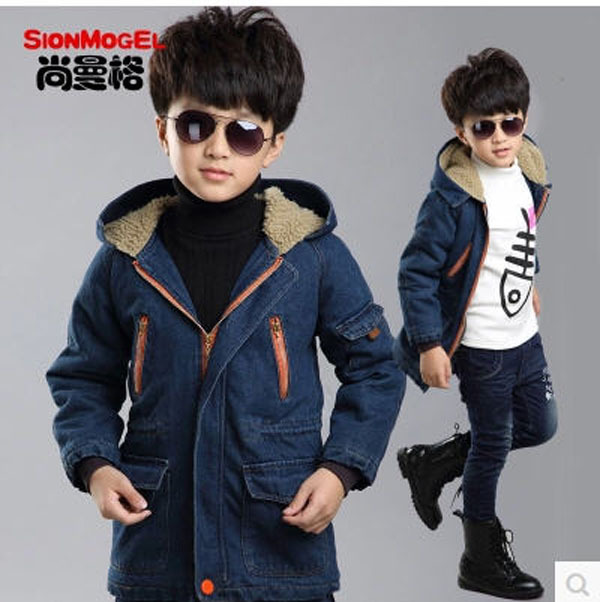 2015 Wholesale Boys Thick Cotton Padded Denim Jacket Hooded Children Plus Velvet Long Section Denim Blue Jeans Coat 10-16Y S1224