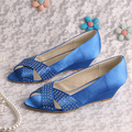 Custom Handmade Peep Toe Wedge Shoes Party Low Wedge Heel Blue Satin Bridesmaid Pumps Dropshipping