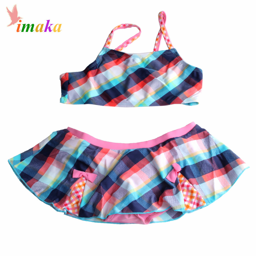 New Style Girls Children Two Pieces Dress Bikini Swimwear 2016 font b Plaid b font Biquini