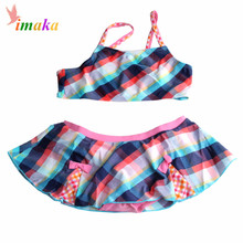 New Style Girls Children Two Pieces Dress Bikini Swimwear 2016 Plaid Biquini Kids Swimsuit Bathing Suit For 4-13Y Child Infantis