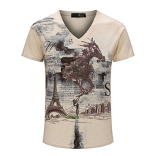 Horse Printed T-shirt 2015 Brand Casual Top Quality Tees Eiffel Tower Painting Men’s Big Shirt Short Sleeve Summer Blouse M-XXXL