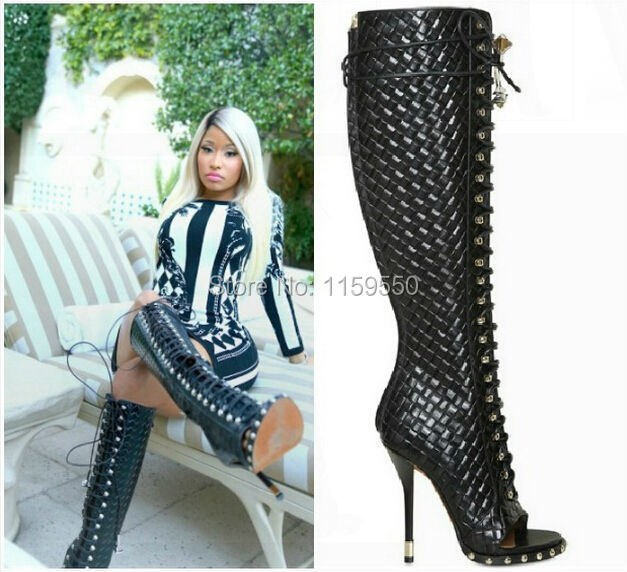 Wholesale Nicki Minaj Celebrity Lace Up Thigh High Fashion Boots Peep