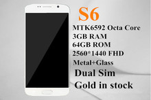 Dual sim s6 phone gold in stock MTK6592 Octa core s6 mobile phone 3GB Ram 2560*1440 smartphone android 5.0 kikat cell pone