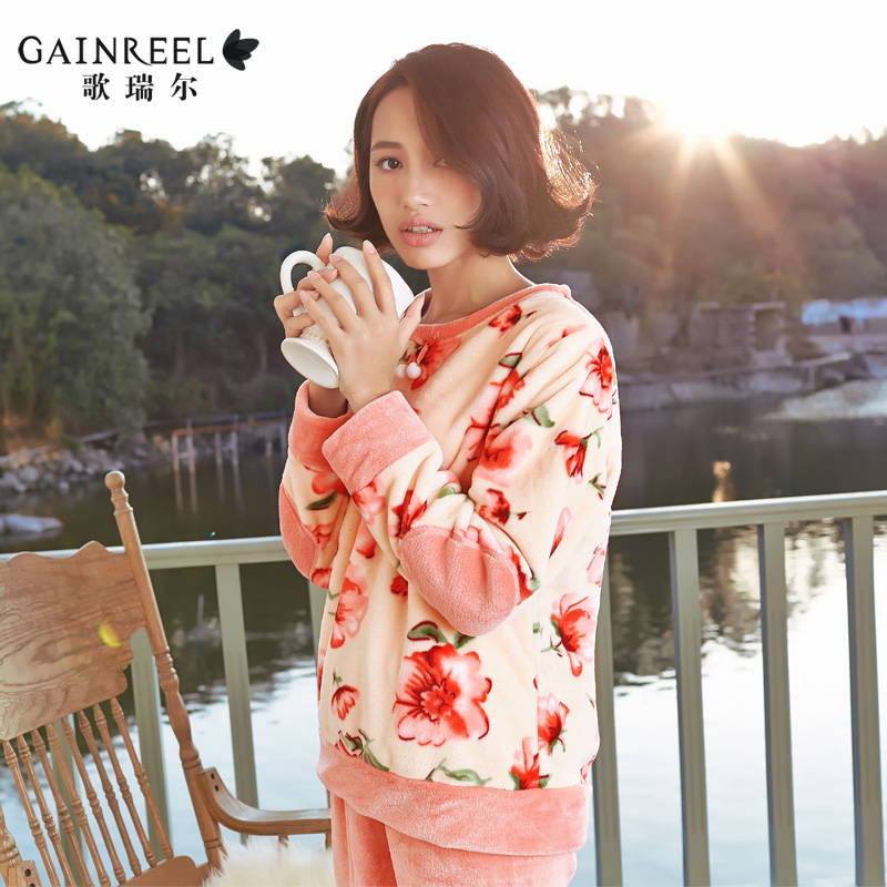 Song Riel sweet winter flannel pajamas long sleeve printing women comfortable warm home service package drunk