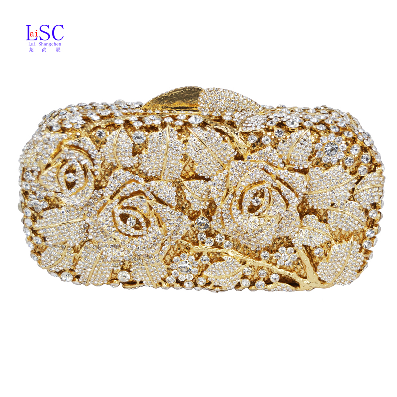 LaiSC Luxury crystal clutch evening bag Gold rose flower party purse women wedding bridal ...