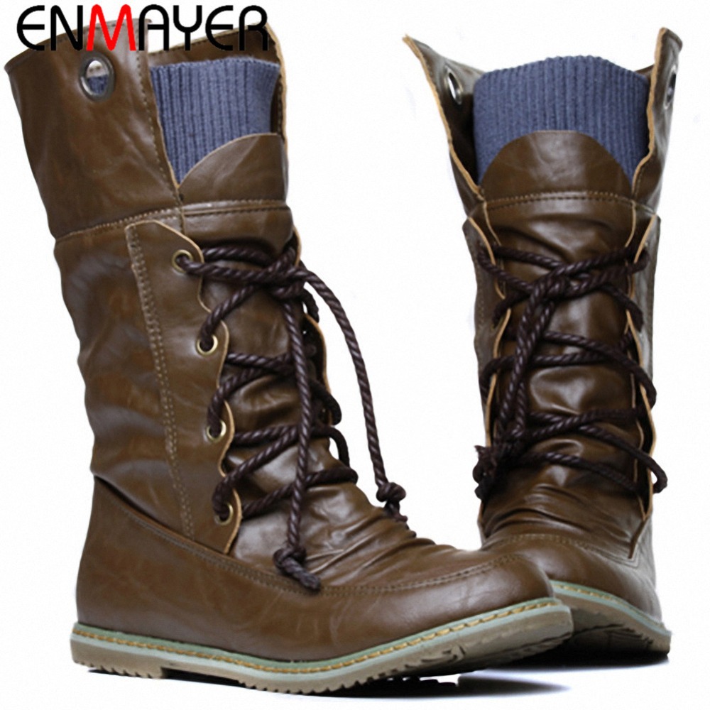 ENMAYER Fashion Motorcycle Martin Boots for Women Winter Snow Boots Leather Flats Boots Shoes Plus Size