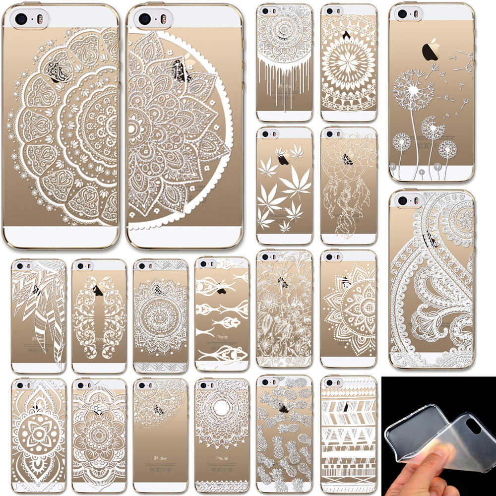Soft Phone Case Cover For iPhone 5 5s Rubber Silicon Clear Vintage White Datura Paisley Flower