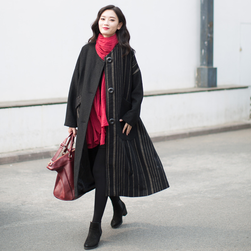 2015 Fall Winter New Ladies Brand Desigual Stripe Fashion Long Woolen Overcoat Elegant Slim V Collar Plus Size Loose Wool Coat