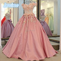 Hot Sale Pink Satin Ball Gown Pretty Handmade Flowers Lace Up Back Prom Dresses 2017 Custom