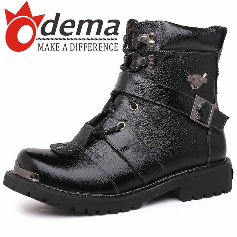 ODEMA 2016 New Stylish Genuine Leather Short Boots Winter Warm Plush Men Boots Black Brown Casual Men's Flats Motocycle Boots