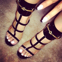 Elegant Red/White/black glossy patent leather ankle strap sandals crisscross strappy T-bar gold sequined summer shoes high heel