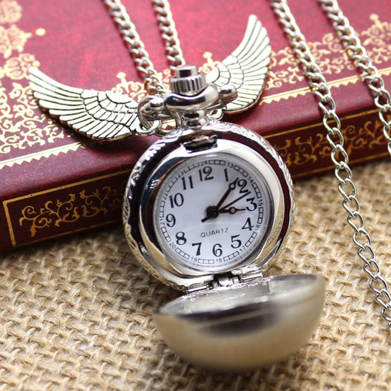 Fashion Harry Potter Pocket Watch Necklace Quidditch Quartz Digital Pendant Watch Chain Steampunk Wings Clock