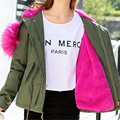 Women Parka Jacket Fur Collar Military Army Green Coat With Fur Hood Winter 2016 Faux Pink