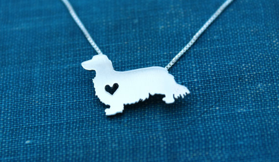 Dachshund necklace Long haired, sterling silver hand cut pendant, with heart, tiny dog breed jewelry