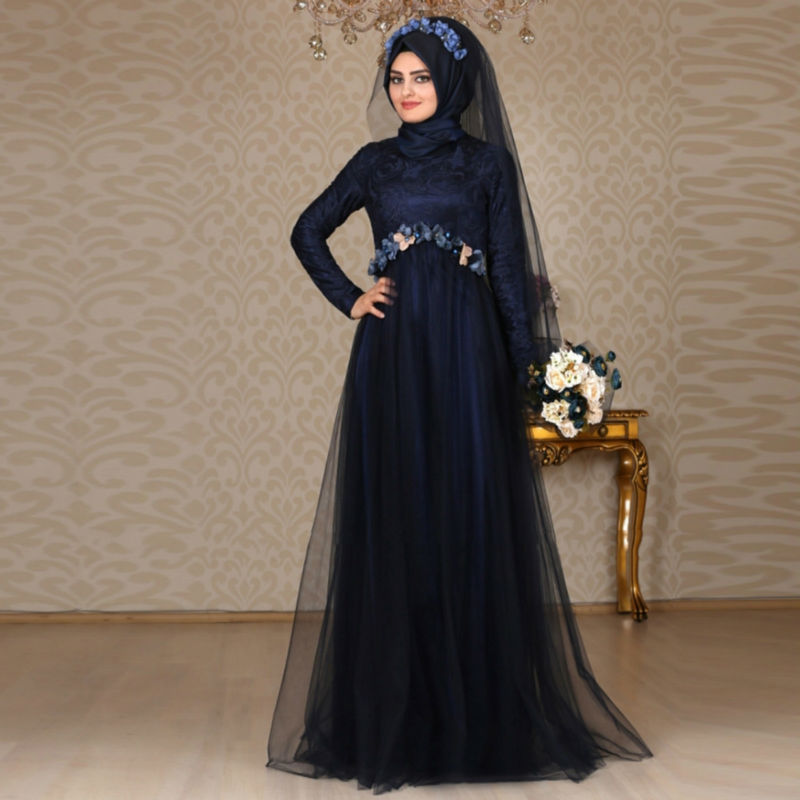 2016 Custom Made Muslim Evening Dresses Navy Blue Turkish Islamic Women Formal Long Dress With