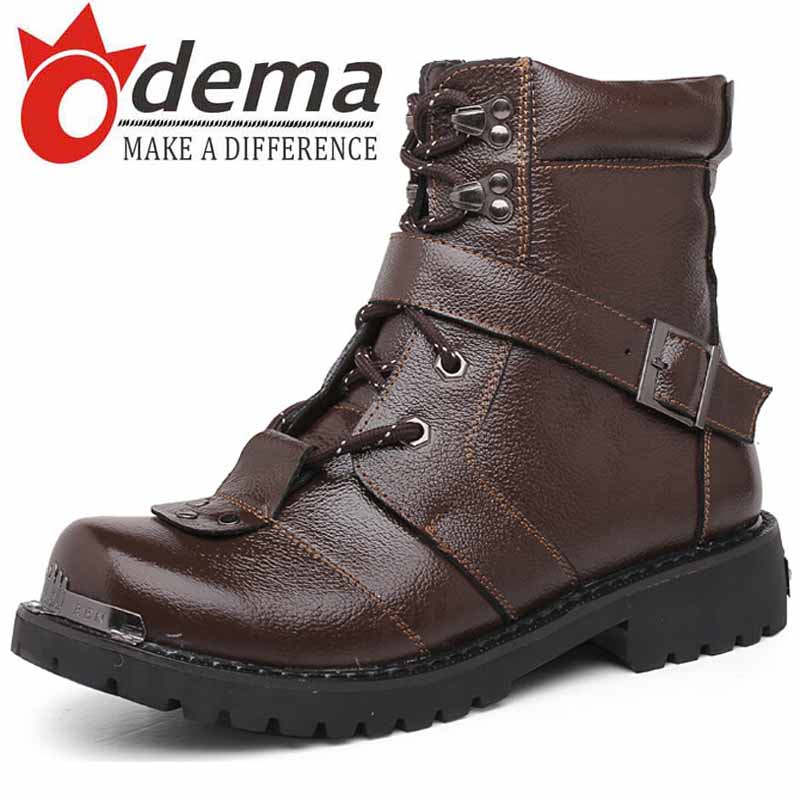 2016 Koean Fashion Men Boots Warm Plush Genuine Leather Short Boots Black Brown Casual Lace Up Men's Flats Motocycle Boots