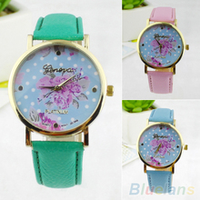 Moda flor color de rosa puntos Faux Leather Band cuarzo analógico relojes mujeres 283L