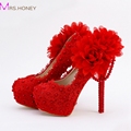 Red Lace Applique Evening Dress Shoes Sapatos Femininos Valentine Women High Heels Bridal Wedding Party Shoes