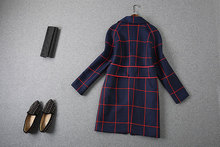 2015 European New Winter Big Red Plaid Jacket Lapel Covered Button Coat