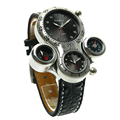 2016 New Fashion Oulm Multi Function Military Sports Male Watch 2 Dial Compass Leather Strap Men