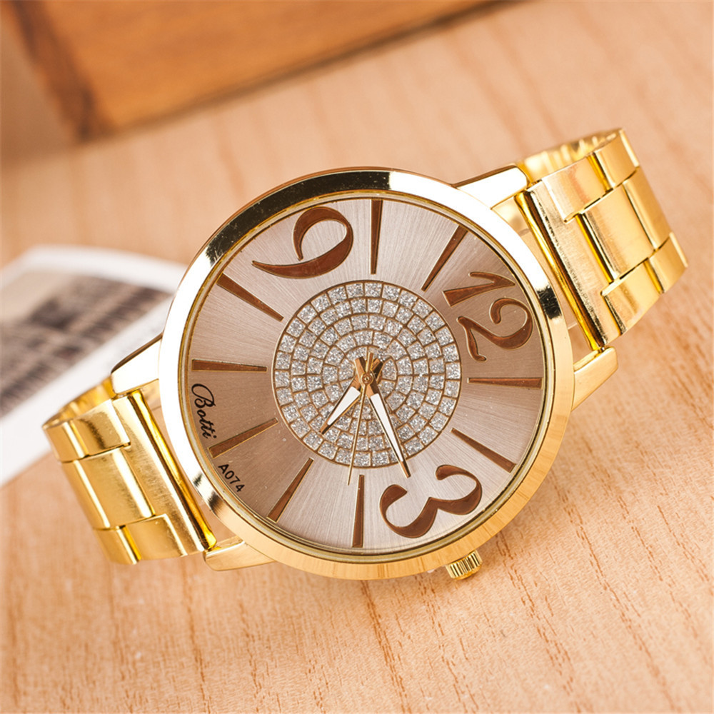 2015 New Brand Gold Geneva Big Casual Quartz Watch Women Stainless Steel Dress Watches Relogio Feminino Ladies Clock Hot Sale