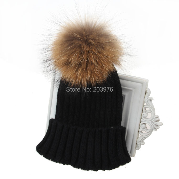 Winter pom Wool Pom Beanie Hat with hat Large Pom beanie Raccoon pom Fur  Acrylic Knitted  Hats  large