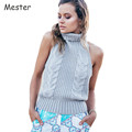 Japanese Sexy Virgin Killer Sweaters Women Sleeveless Turtleneck Sweater Pullovers Grey Halter Neck Backless Knitted Tank