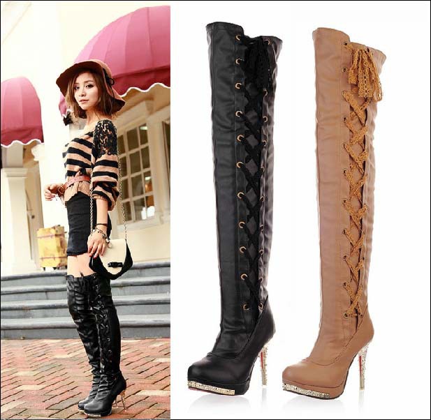 Фотография 2016 women fashion over knee long boots sexy Lace up cross strap autumn winter thin high heels shoes large size 34-43