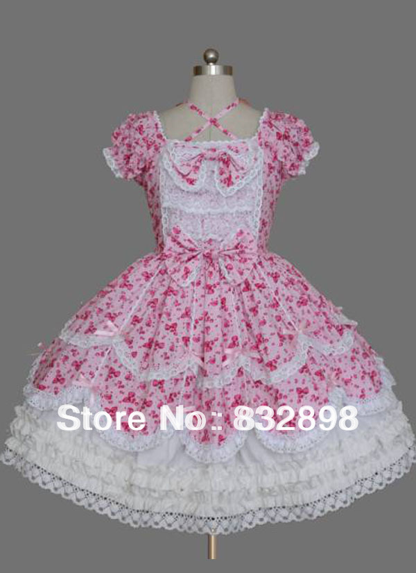 Free Shipping Pink Bow Short Sleeves Cotton Sweet Lolita Dress Cute A-Line Dress