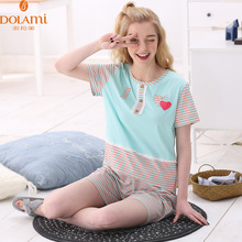 Summer Women Pajamas Set Cotton Girls Pajamas Cute Stripe Sleepwear Short Sleeve Sleep & Lounge Round Neck Pijama Casual Pyjamas