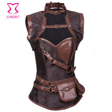 Steampunk Corsets Gothic Clothing Vintage Brown Brocade & Leather Bustier Steel Boned Waist Training Corset Burlesque Costume