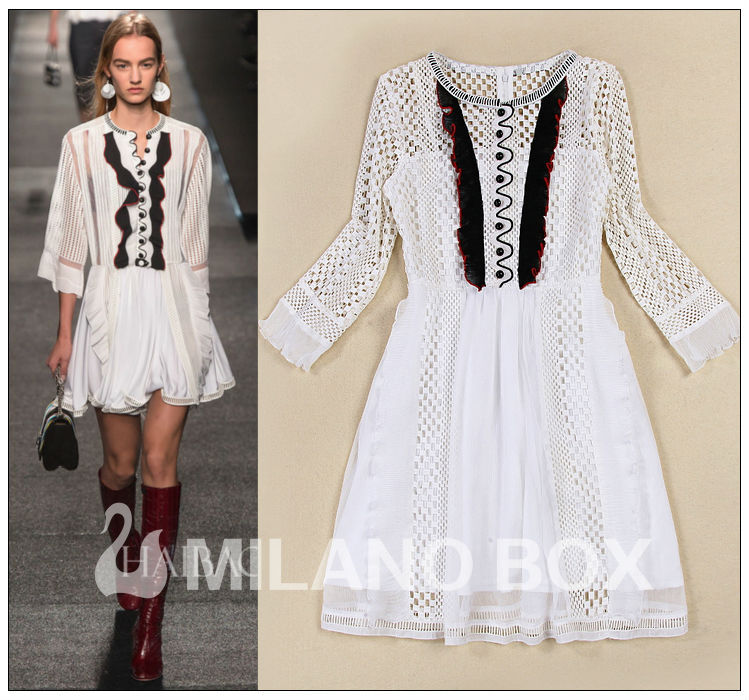 New 2015 women summer runway fashion dress elegant embroidery white lace mesh designer dress slim casual Dress female D2954
