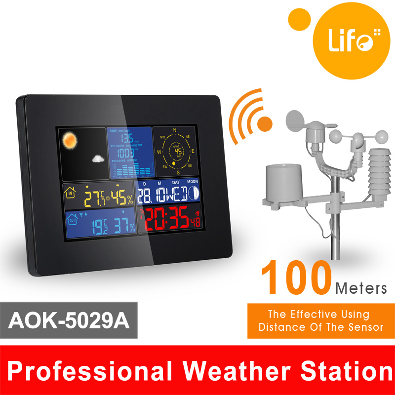 AOK-5029A Coloful  Wireless Professional Weather Station with In/Out Temperature Humidity, wind speed,Forecast, Barometer,Rain