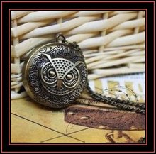Free ship 10pcs/lot New Antique Cute bronze Owl Necklace Vintage Pocket Watch