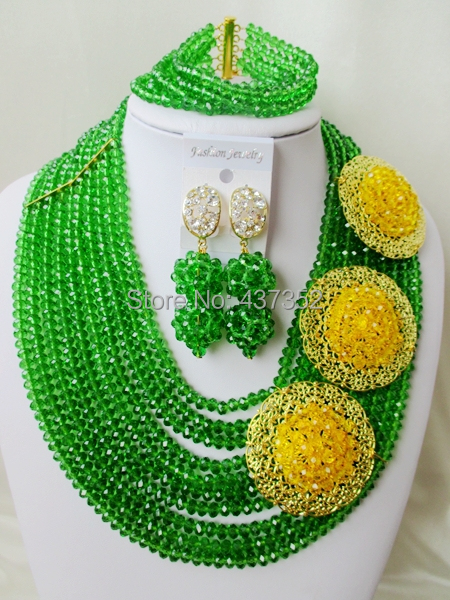Amazing Green Yellow Crystal Nigerian Necklaces African Beads Wedding Jewelry Set 2015 New Free Shipping NC237