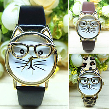 Moda de nueva marca 2015 Unisex mujeres hombres de lindo gato de los vidrios de cuero de imitación pulsera de cuarzo analógico reloj de pulsera