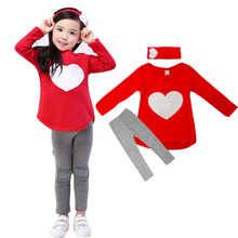 3PCS LOVE SET= 1pc hair band+1pc shirts+1pc pants Children’s Clothing set Girls Clothes suits Pink Red Heart Design