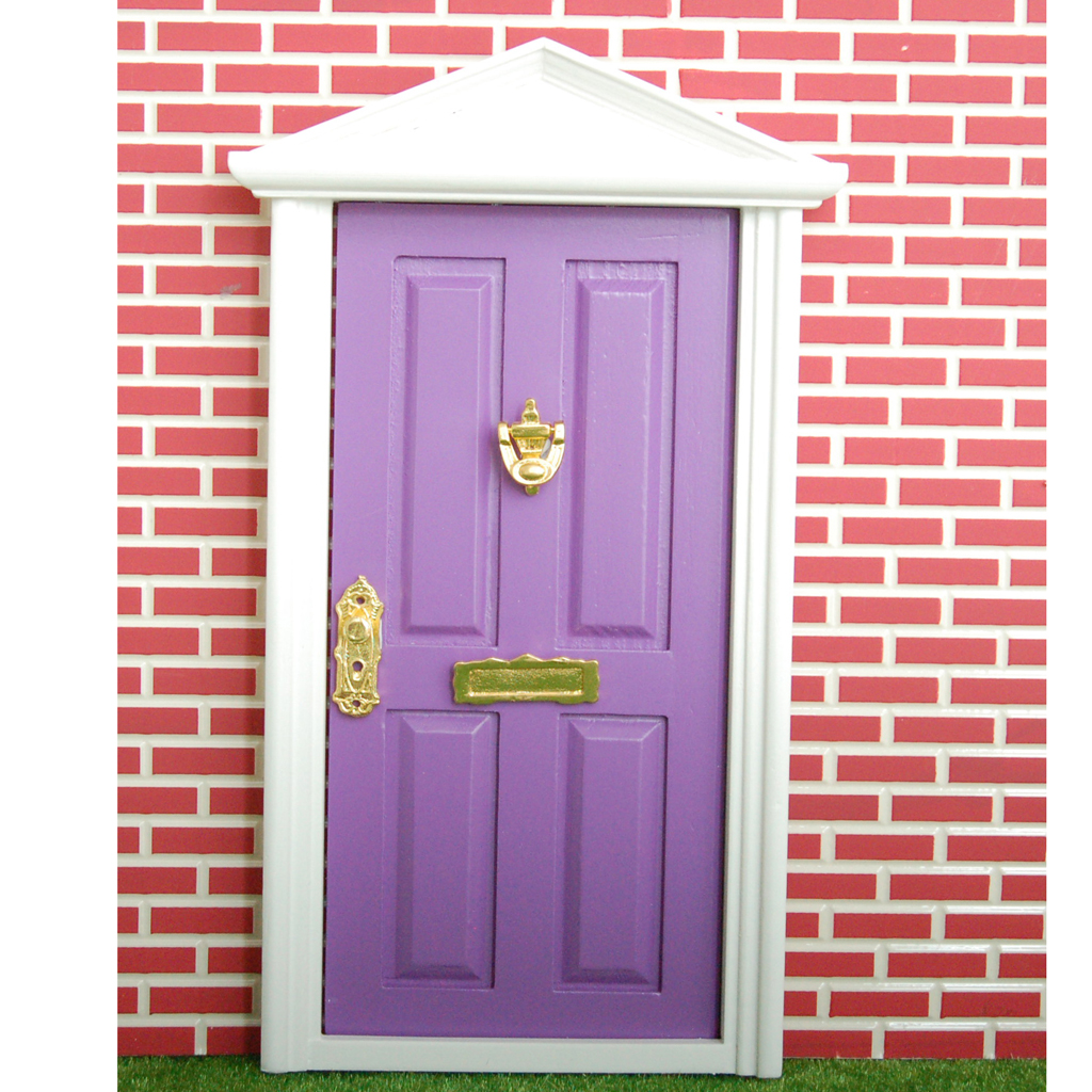 Doll House Miniature Purple Wood 4-Panel Exterior Door w/ Knocker Doorplate 