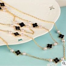 2014 New Girl s Fashion Women Sweater Chain Clover Long Multilayer Pearl Necklace Flower Jewelry X027