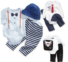 new 3pcs 2015 baby cotton gentleman bow tie jumpsuits boys girls Long sleeved Rompers hat pants